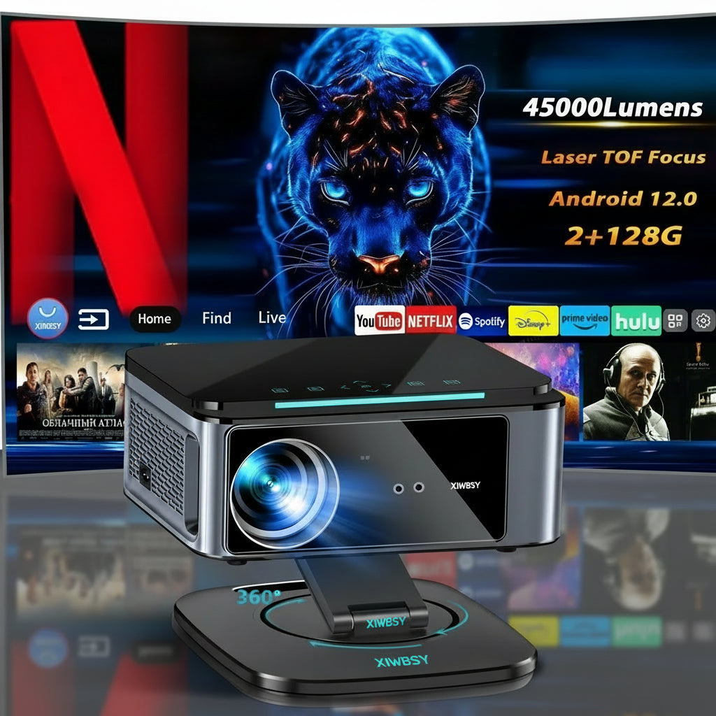 Vidéoprojecteur XIWBSY 4K 45000 Lumens TOF Auto Focus - Android 12 Laser Bluetooth 5.3 - Home Cinéma Daylight Premium