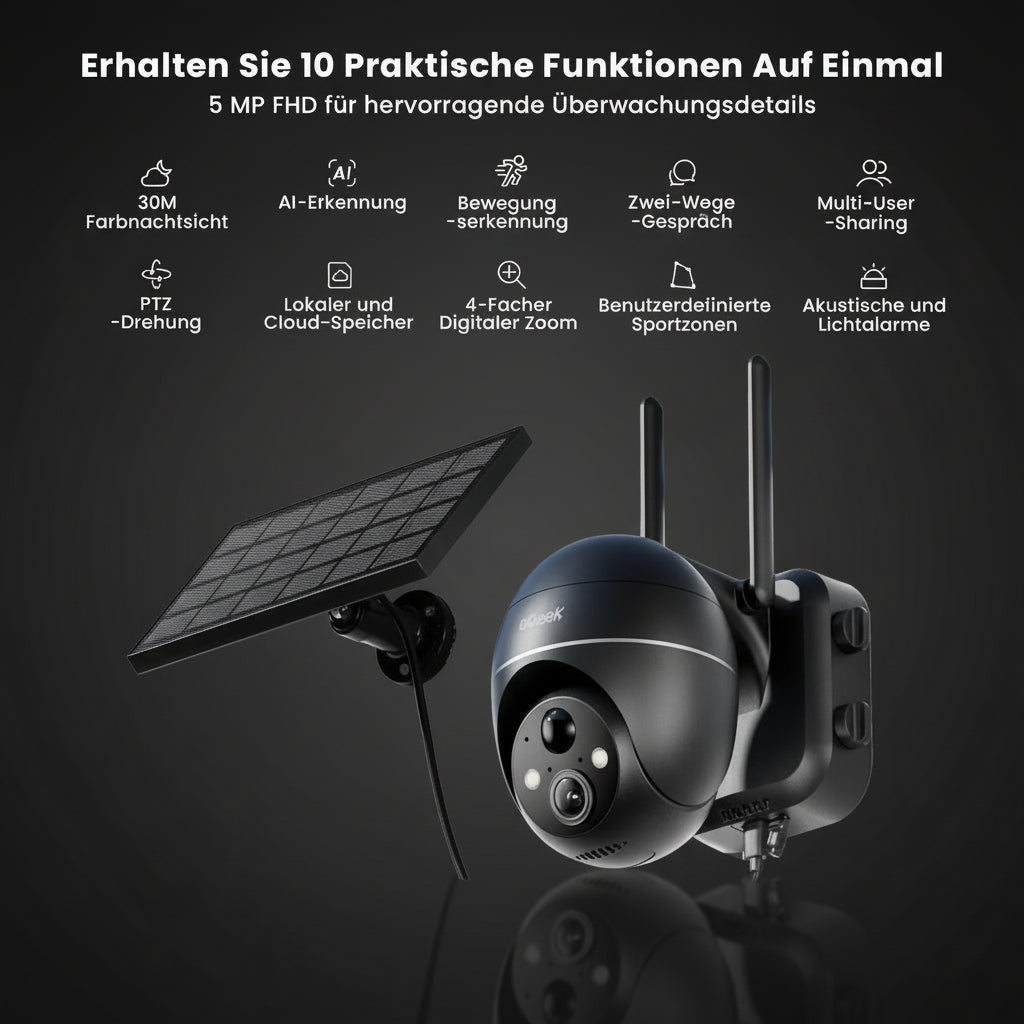 Caméra Surveillance Extérieure ieGeek 5MP Solaire PTZ 360° WiFi - Batterie Rechargeable & Détection PIR Intelligente