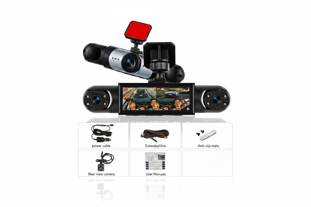 Podofo — Dashcam 360° 4 Objectifs | 1080P, GPS, Vision Nocturne IR, Aide au Stationnement & Caméra de Recul