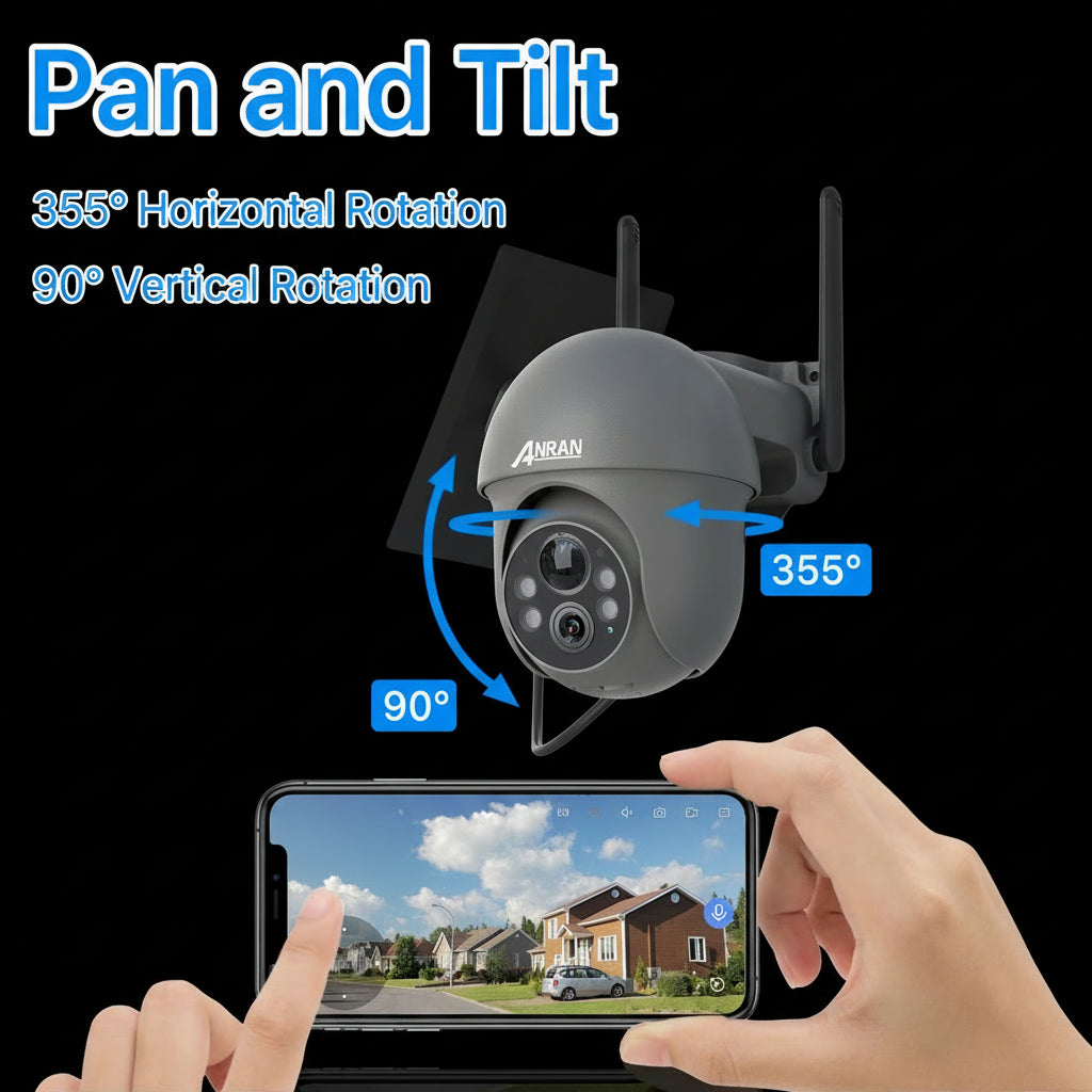 Caméra WiFi ANRAN 2K/5MP Solaire avec Batterie, Stockage Cloud Gratuit, Compatible Alexa, Détection PIR, Vision Nocturne Couleur