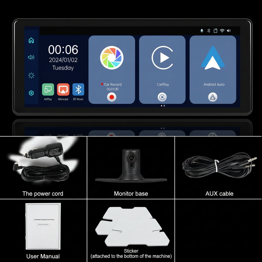 Écran Tactile Podofo 8.1" CarPlay & Android Auto Sans Fil - Caméra DVR 2K Bluetooth & Caméra de Recul