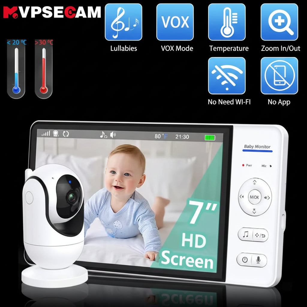 Babyphone Vidéo 7" Sans WiFi 5000mAh - Audio Vision Nocturne Zoom 4X