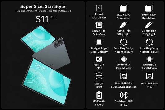 ODEA S11 – Tablette 11″ Android 14, 4G, 6 Go / 256 Go