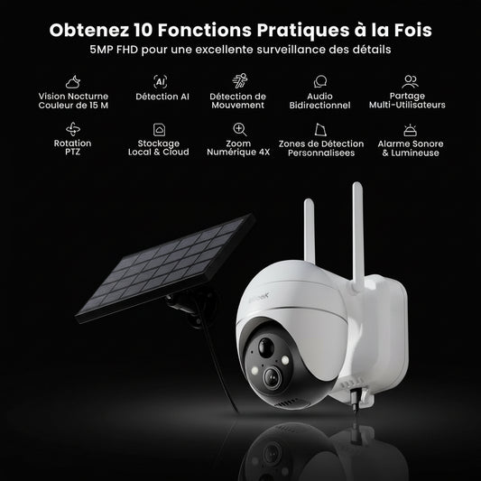 Caméra Surveillance Extérieure ieGeek 5MP WiFi Solaire 360° - Détection PIR Vision Nocturne Couleur - Autonome Sans Fil