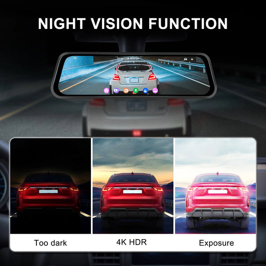 Podofo Dashcam Rétroviseur Intelligent 4K Double Objectif – Écran 9,66" avec BSD & LCA