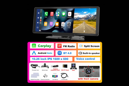 Podofo 10.26" Écran Voiture CarPlay Android Auto Sans Fil – Dashcam 4K, GPS, Contrôle Vocal
