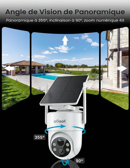 Caméra Surveillance Extérieure ieGeek 2K Solaire PTZ 360° WiFi - Panneau Amovible & Vision Nocturne Couleur PIR
