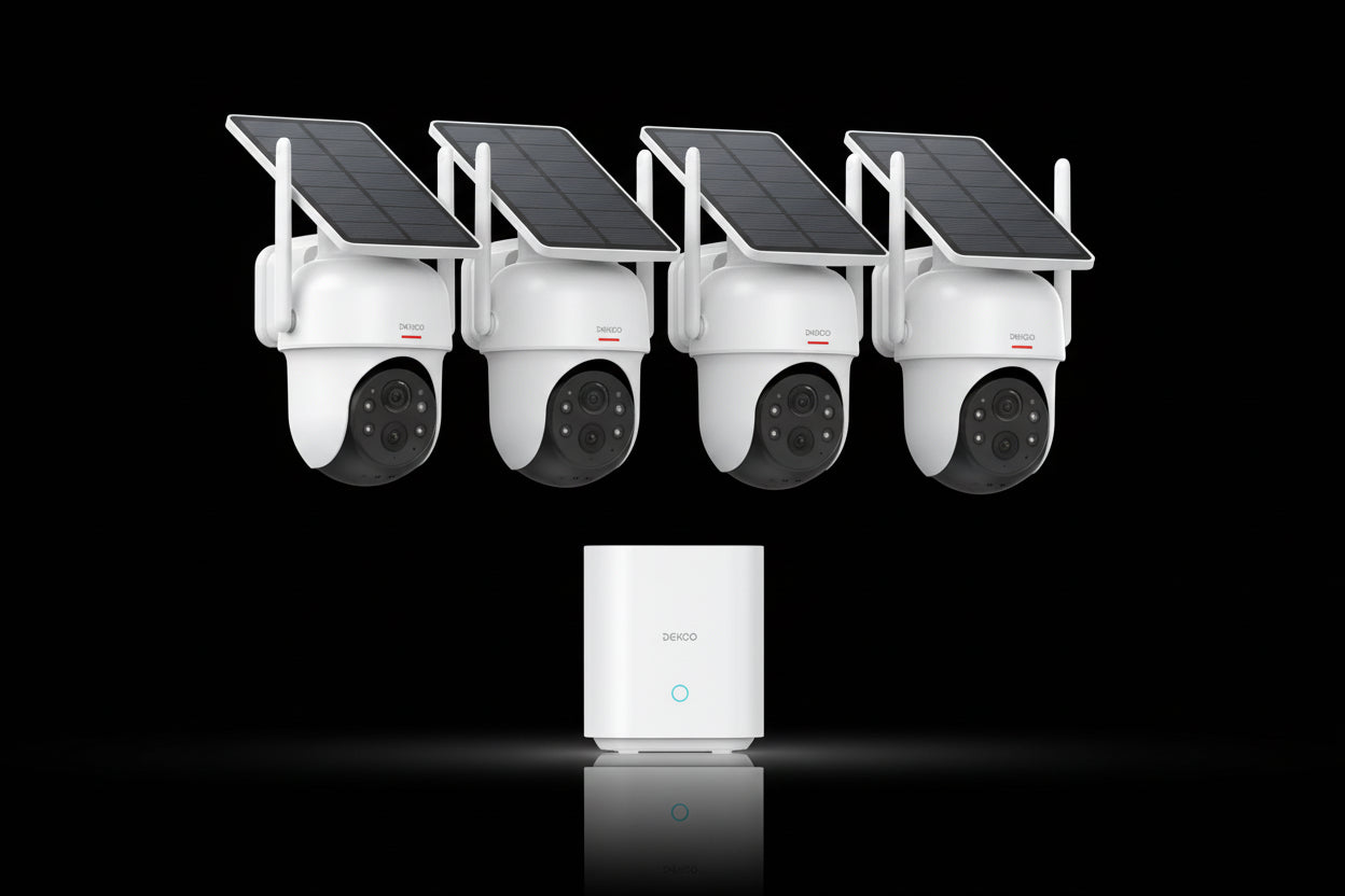 Système 4 Caméras Solaires Dekco 3MP PTZ 360° WiFi Alexa Autonome