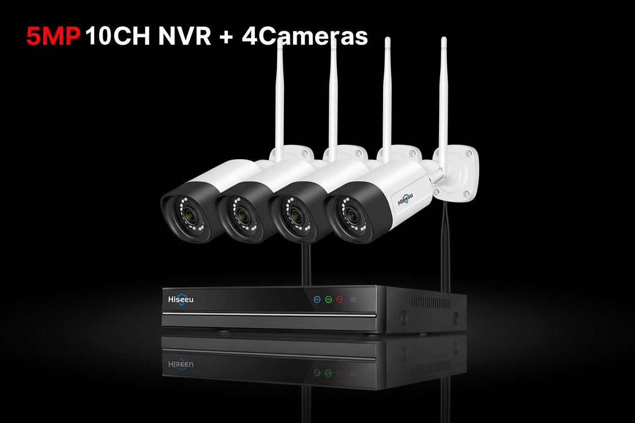 Hiseeu 5MP WiFi -Dique Dur 3To -Système Surveillance 10CH NVR 4 Caméras Vision Nocturne Couleur