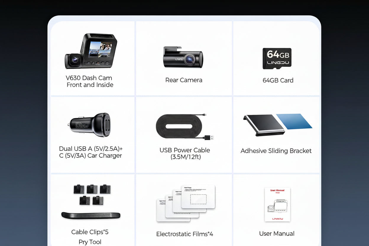 LINGDU V630 — Dashcam 4K Triple Objectif | Avant, Arrière & Intérieur, Vision Nocturne IR, WiFi 6, GPS & Surveillance Parking