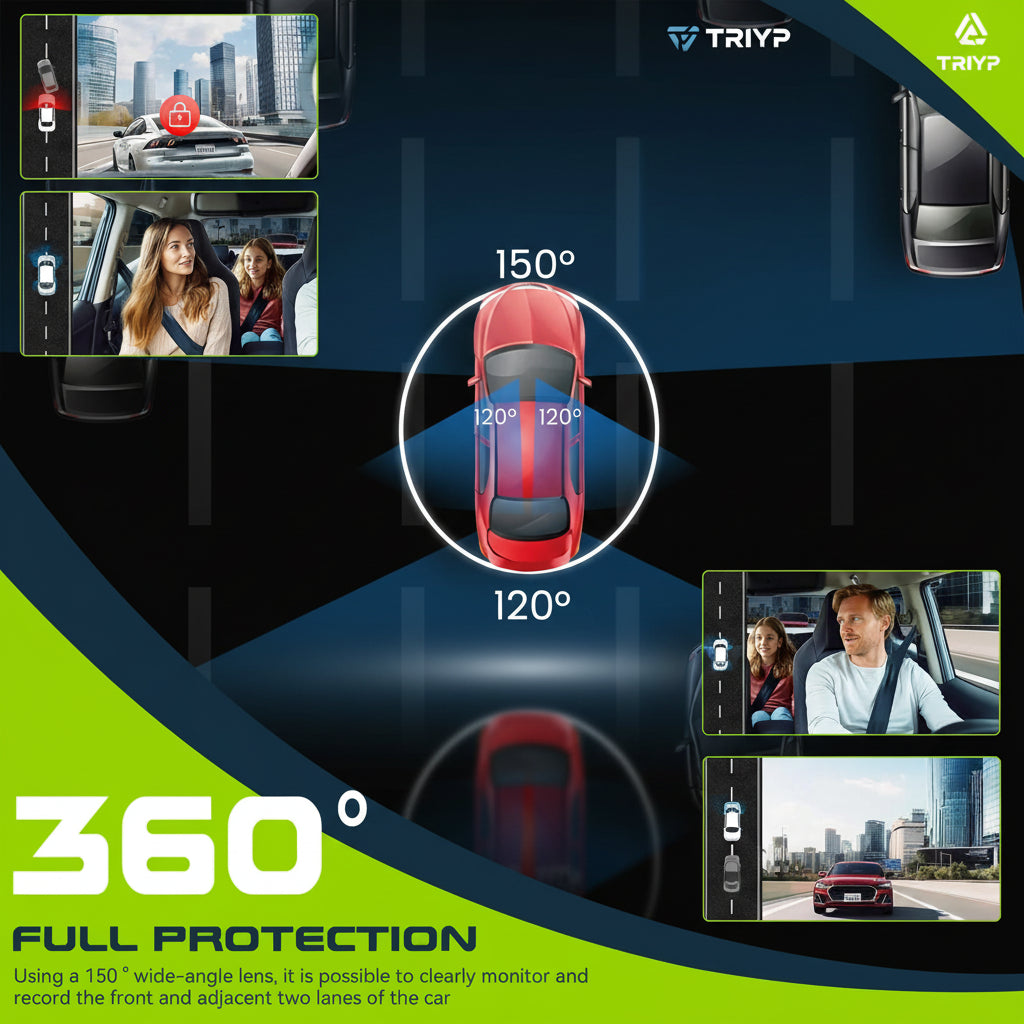 Podofo — Dashcam 360° 4 Objectifs | 1080P, GPS, Vision Nocturne IR, Aide au Stationnement & Caméra de Recul