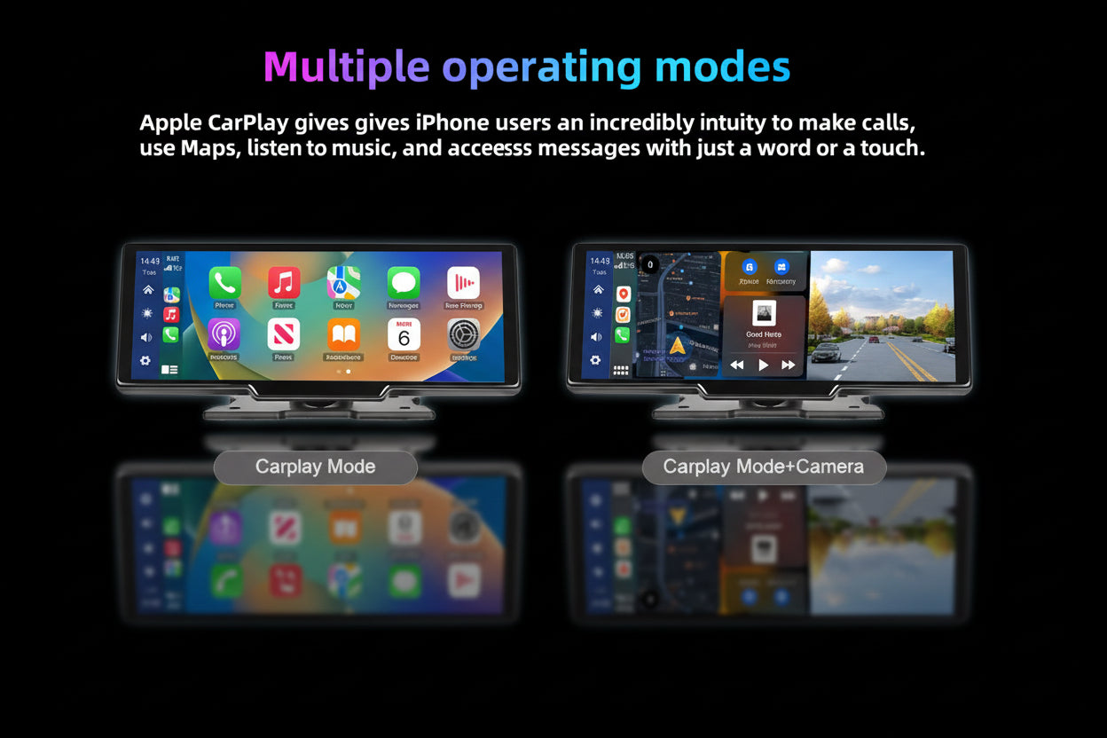 Podofo 10.26" Écran Voiture CarPlay Android Auto Sans Fil – Dashcam 4K, GPS, Contrôle Vocal