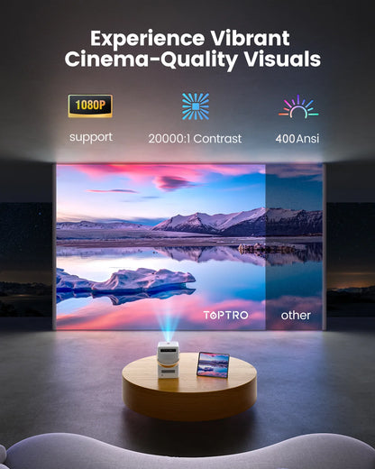TOPTRO B1 – Vidéoprojecteur Portable | 400 ANSI | 1080P | Batterie Intégrée | Android TV | Wi-Fi 5G