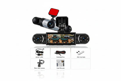 Podofo — Dashcam 360° 4 Objectifs | 1080P, GPS, Vision Nocturne IR, Aide au Stationnement & Caméra de Recul