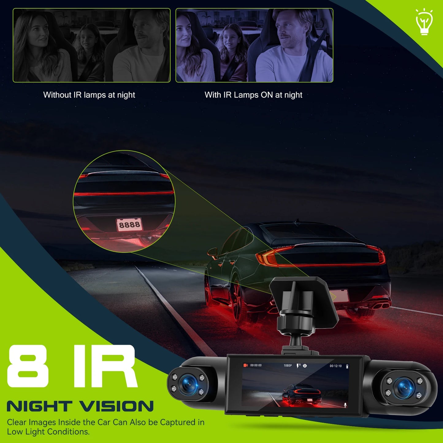Podofo — Dashcam 360° 4 Objectifs | 1080P, GPS, Vision Nocturne IR, Aide au Stationnement & Caméra de Recul