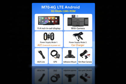 Dashcam Imagebon M70 11.4" Android 8 Cœurs 8+128Go - 4G CarPlay Sans Fil ADAS - Rétroviseur Intelligent Dual Cam