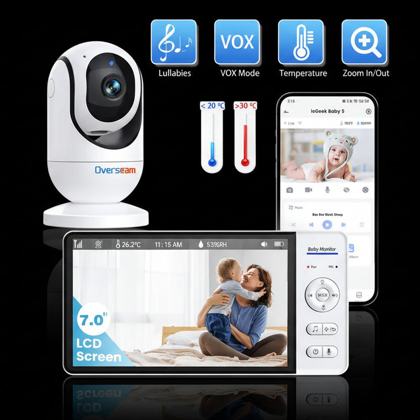 Babyphone Vidéo 7" HD 5000mAh - Sans WiFi Vision Nocturne Audio