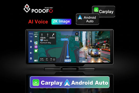 Podofo 10.26" Écran Voiture CarPlay Android Auto Sans Fil – Dashcam 4K, GPS, Contrôle Vocal