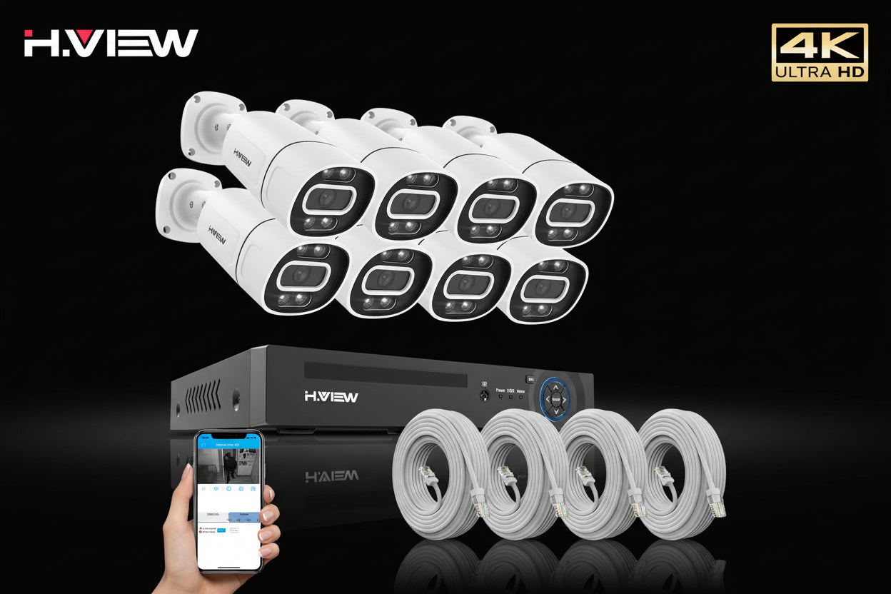 Système Surveillance H.view POE 4K/8MP - 8 Caméras IP Extérieures Audio - NVR 8CH 4To - Installation Simplifiée