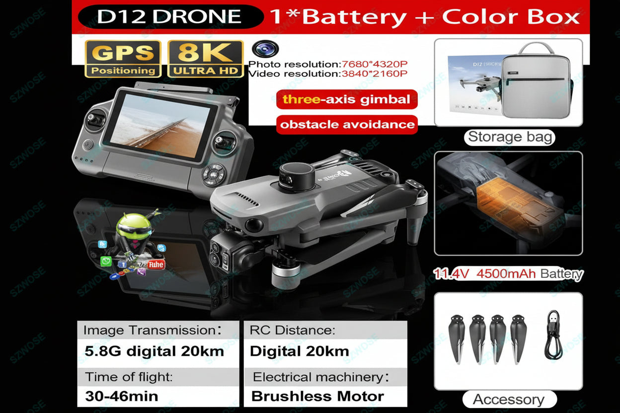 Drone Professionnel D12 8K Gimbal 3 Axes GPS Évitement Obstacles - Moteurs Brushless FPV Quadricoptère