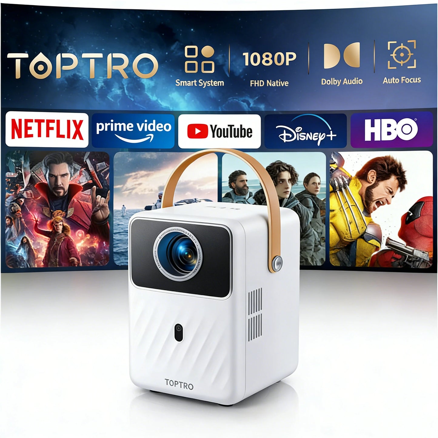 TOPTRO B1 – Vidéoprojecteur Portable | 400 ANSI | 1080P | Batterie Intégrée | Android TV | Wi-Fi 5G