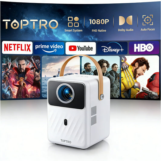 TOPTRO B1 – Vidéoprojecteur Portable | 400 ANSI | 1080P | Batterie Intégrée | Android TV | Wi-Fi 5G