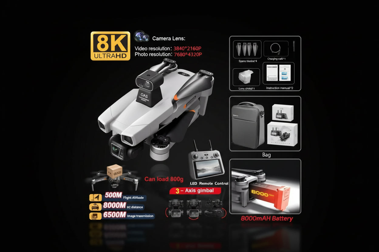Drone Professionnel AE86 PRO MAX 8K - Gimbal 3 Axes GPS 10km + 1 Batterie