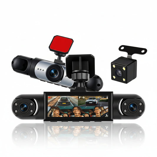 Podofo — Dashcam 360° 4 Objectifs | 1080P, GPS, Vision Nocturne IR, Aide au Stationnement & Caméra de Recul