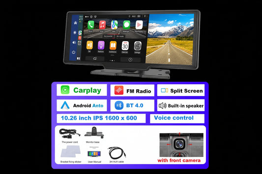 Podofo 10.26" Écran Voiture CarPlay Android Auto Sans Fil – Dashcam 4K, GPS, Contrôle Vocal