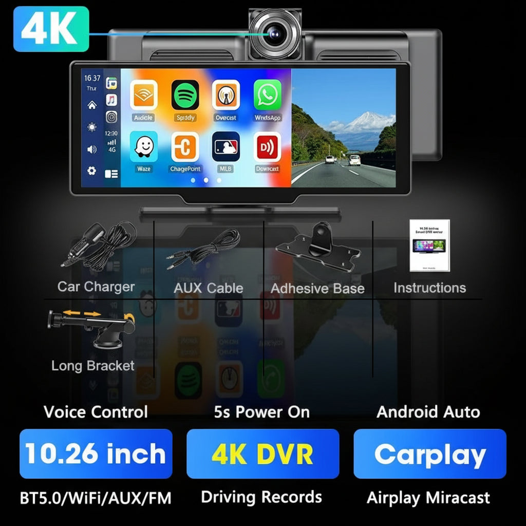 Dashcam Rétroviseur Srnubi 10.26" 4K CarPlay & Android Auto Sans Fil - GPS Navigation Double Caméra Bluetooth 64Go