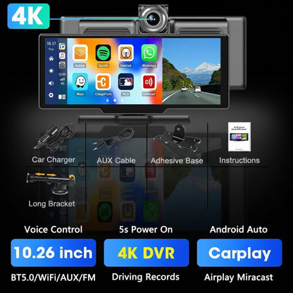 Dashcam Rétroviseur Srnubi 10.26" 4K CarPlay & Android Auto Sans Fil - GPS Navigation Double Caméra Bluetooth 64Go