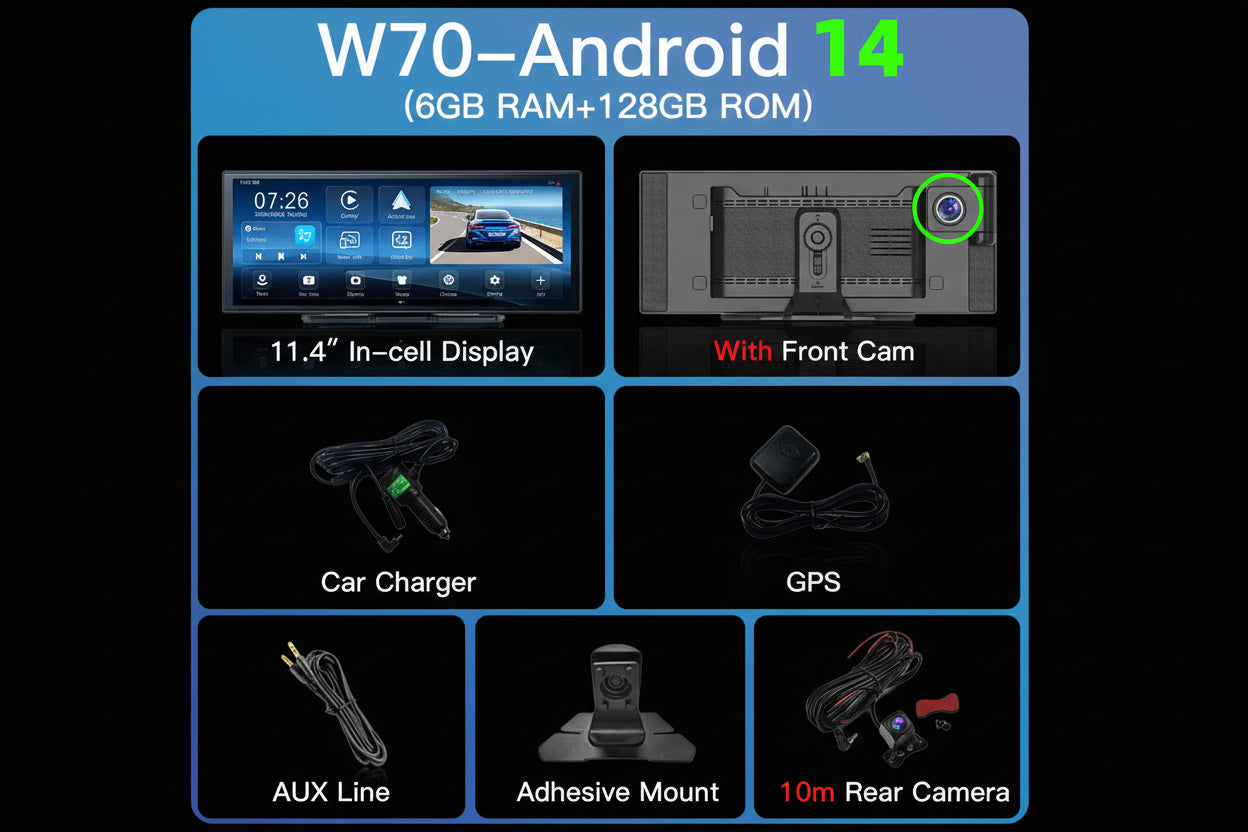 Dashcam Android 14 Imagebon W70 11.4" - CarPlay Sans Fil GPS 6+128Go