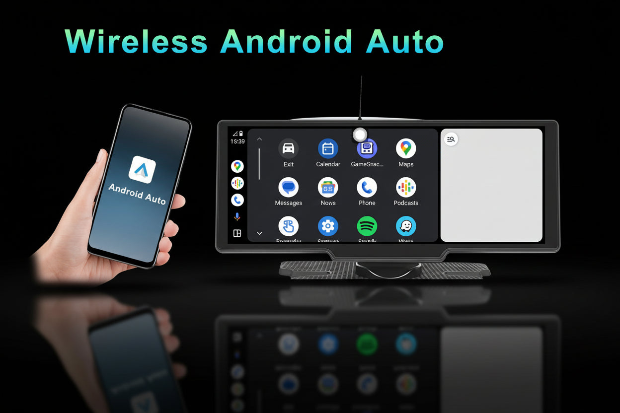 Podofo 10.26" Écran Voiture CarPlay Android Auto Sans Fil – Dashcam 4K, GPS, Contrôle Vocal