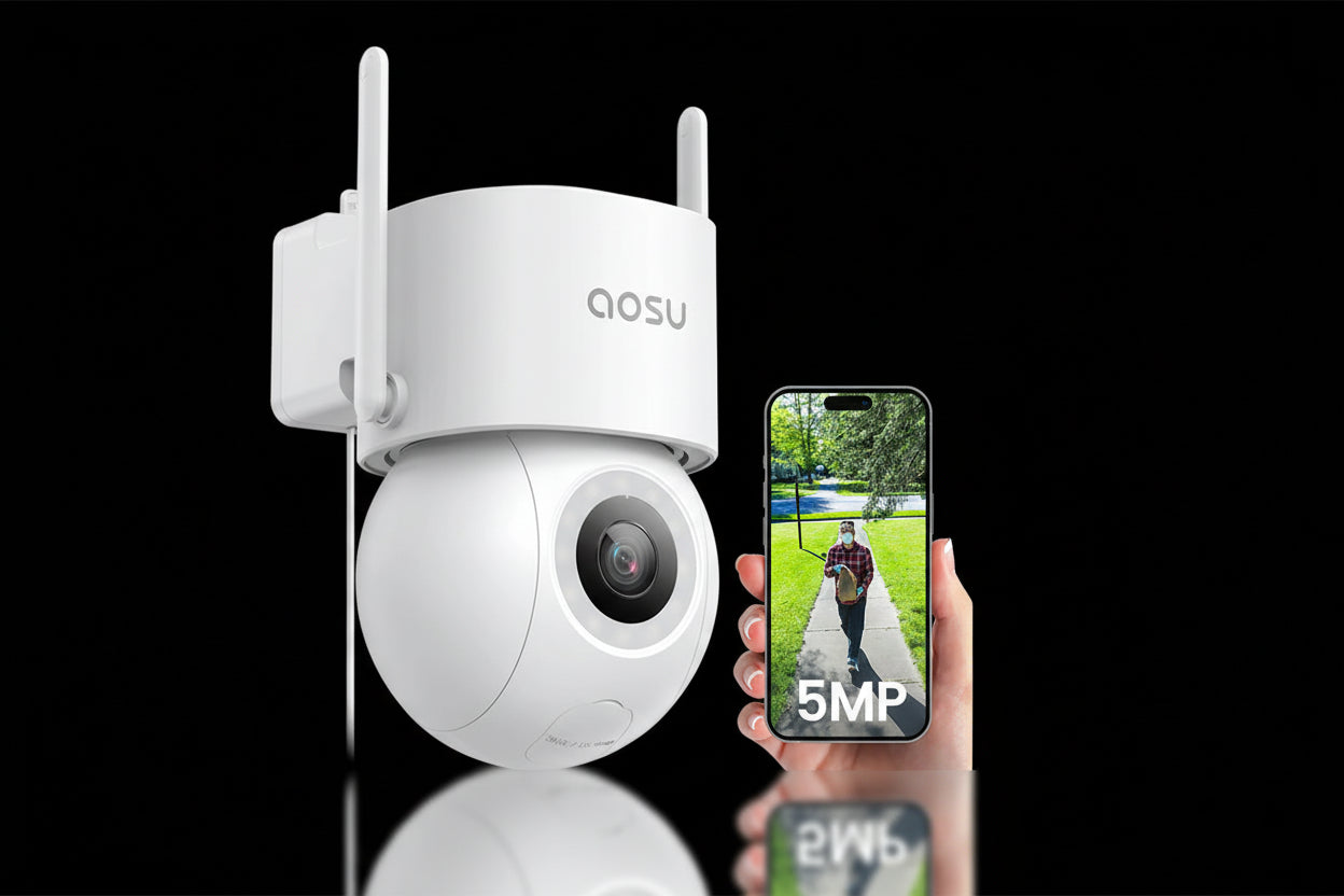 Caméra AOSU 5MP WiFi PTZ 360° – Caméra Sécurité Extérieure Auto-Tracking Alexa