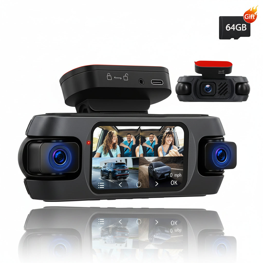 Hikity V630 — Dashcam 4K 360° | 4 Objectifs + Caméra de Recul Déportée, Vision Nocturne IR, WiFi, GPS & Carte 64 Go Incluse