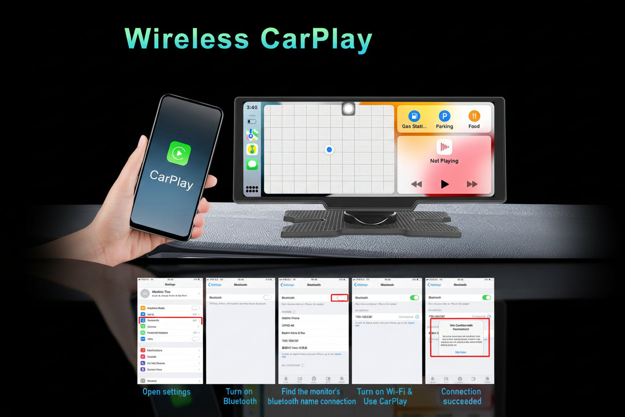 Podofo 10.26" Écran Voiture CarPlay Android Auto Sans Fil – Dashcam 4K, GPS, Contrôle Vocal