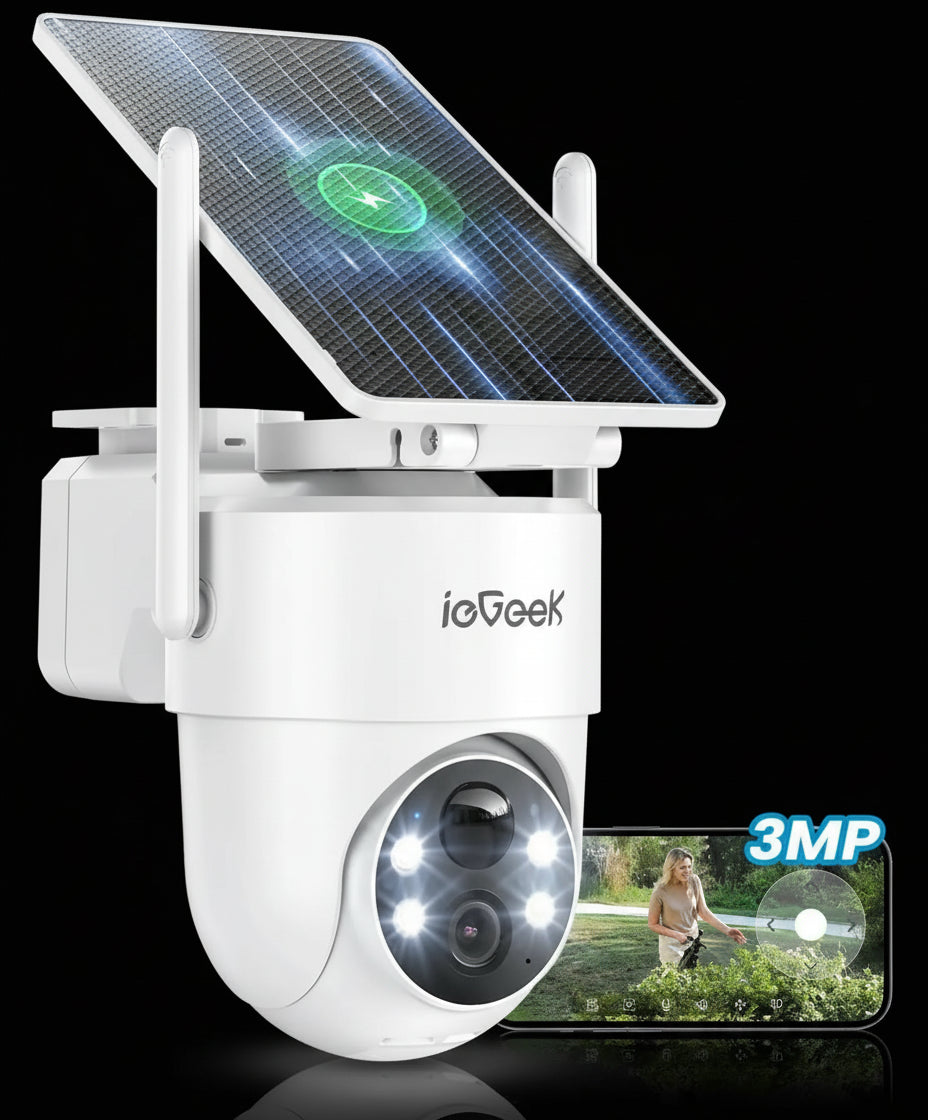 Caméra Surveillance Extérieure ieGeek 2K Solaire PTZ 360° WiFi - Panneau Amovible & Vision Nocturne Couleur PIR