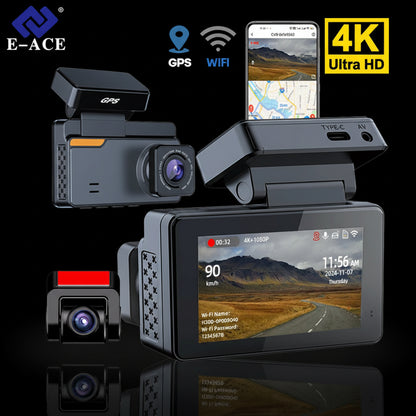 Dashcam 4K WiFi GPS E-ACE – Caméra Voiture Avant/Arrière, Vision Nocturne, Parking 24h