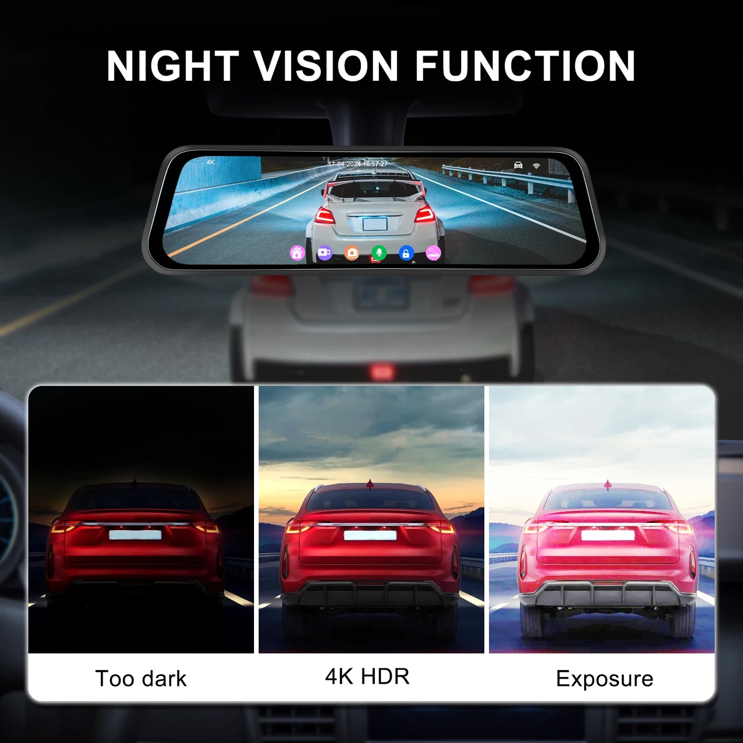 Podofo Dashcam Rétroviseur Intelligent 4K Double Objectif – Écran 9,66" avec BSD & LCA