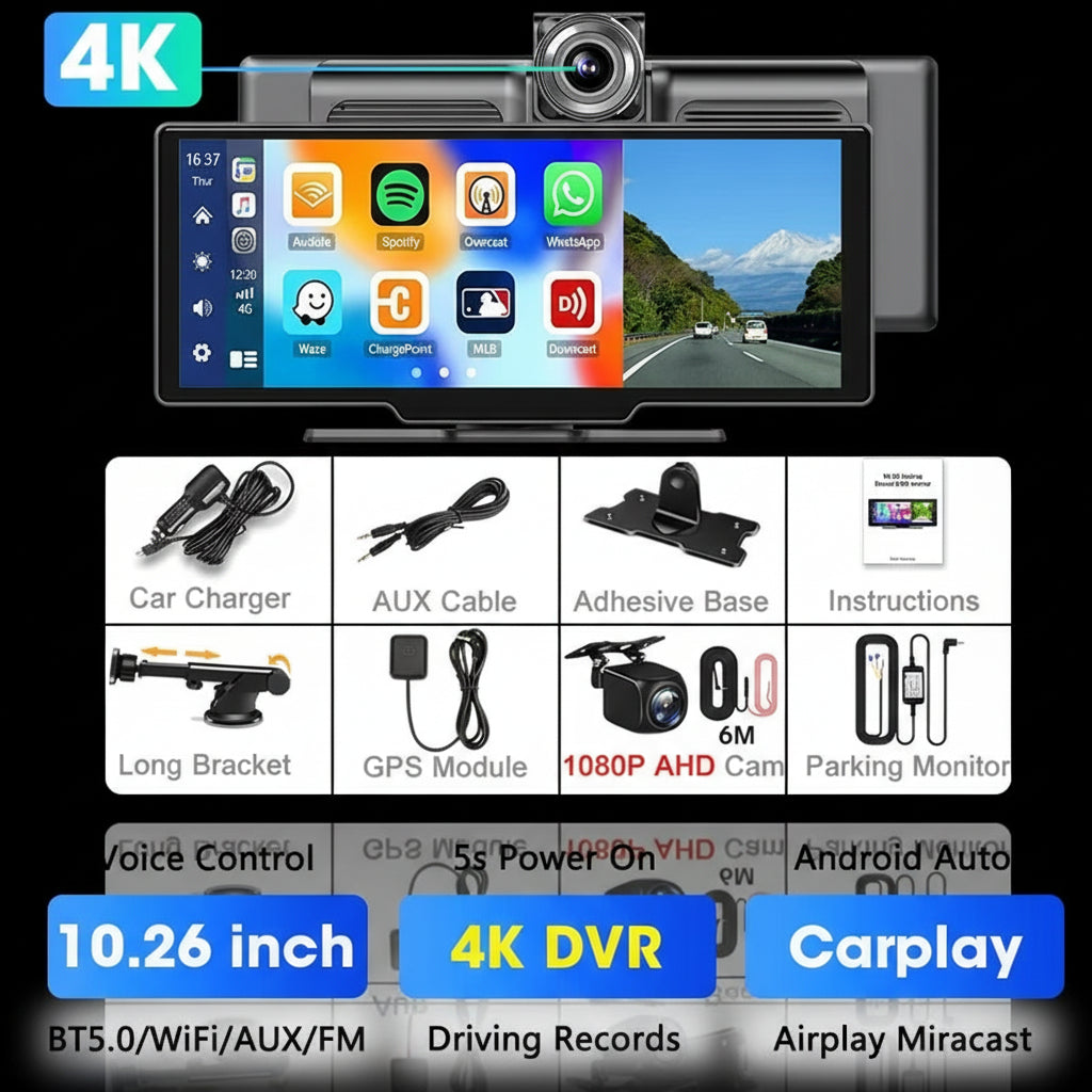 Dashcam Rétroviseur Srnubi 10.26" 4K CarPlay & Android Auto Sans Fil - GPS Navigation Double Caméra Bluetooth 64Go