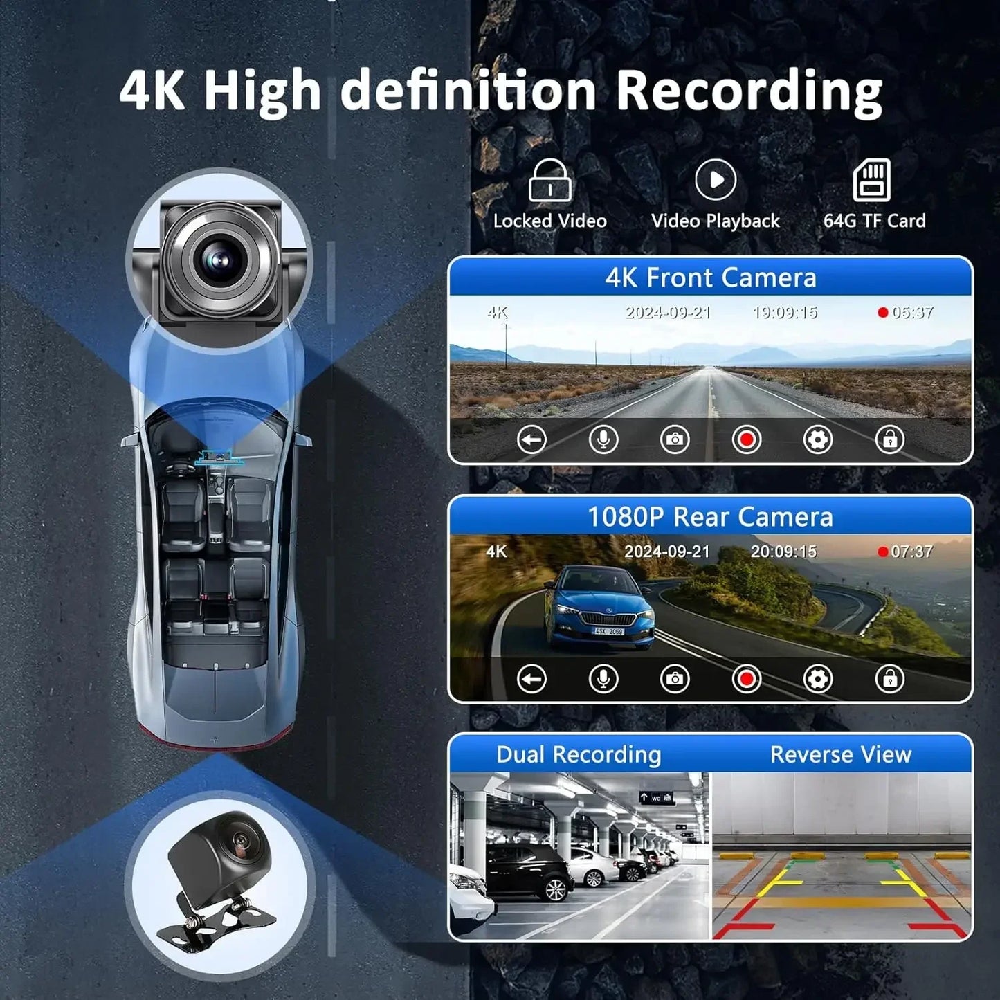Dashcam Rétroviseur Srnubi 10.26" 4K CarPlay & Android Auto Sans Fil - GPS Navigation Double Caméra Bluetooth 64Go
