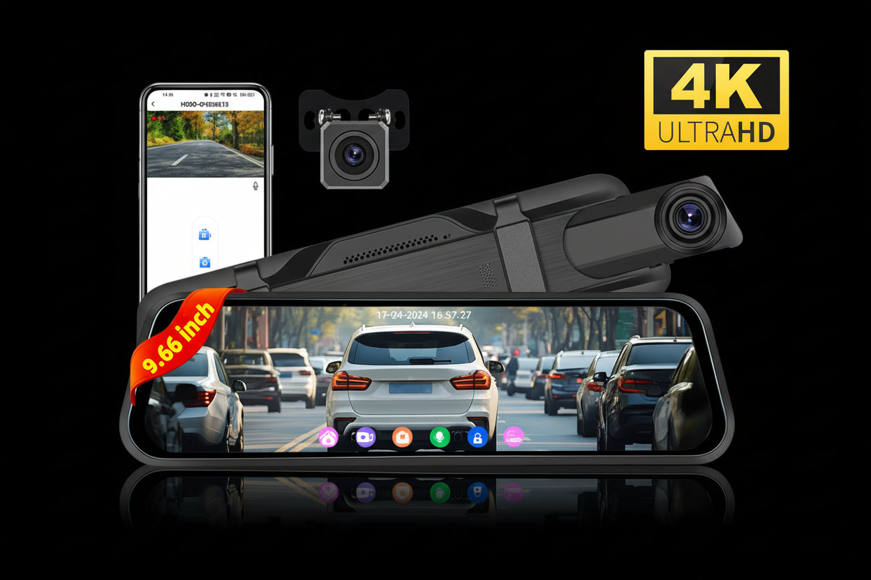 Podofo Dashcam Rétroviseur Intelligent 4K Double Objectif – Écran 9,66" avec BSD & LCA