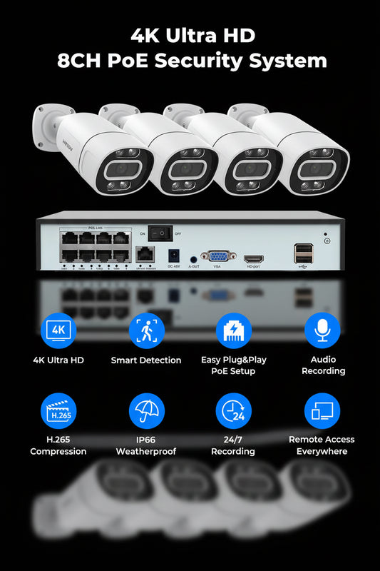 Système Surveillance POE 4K/8MP H.View - 4 Caméras NVR 8CH 4To Audio