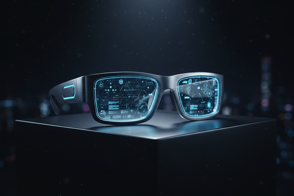 Lunettes connectées futuristes — shot studio cinématique