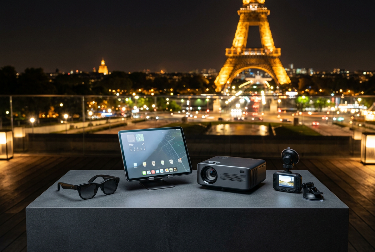 Produits connectés devant Paris illuminé
