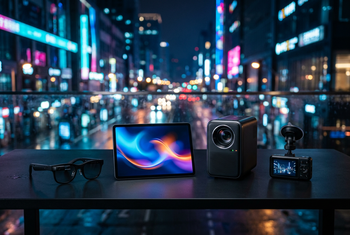 Produits technologiques devant une ville lumineuse aux reflets néon